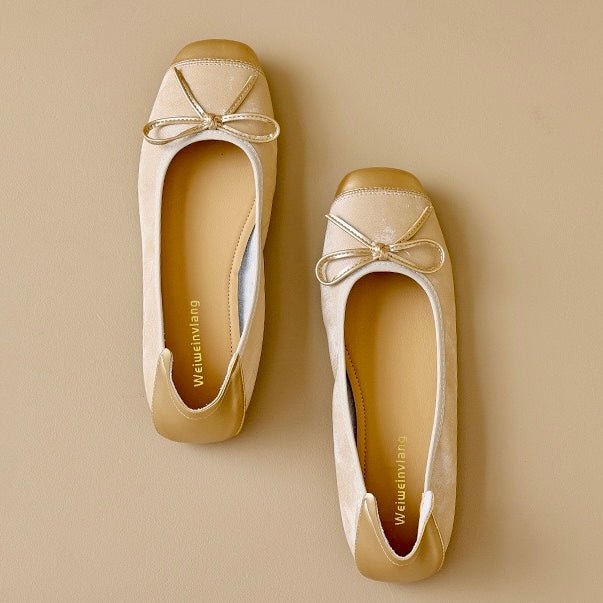 Close-up of a women's square toe ballet flat, highlighting the elegant bow and premium material texture.