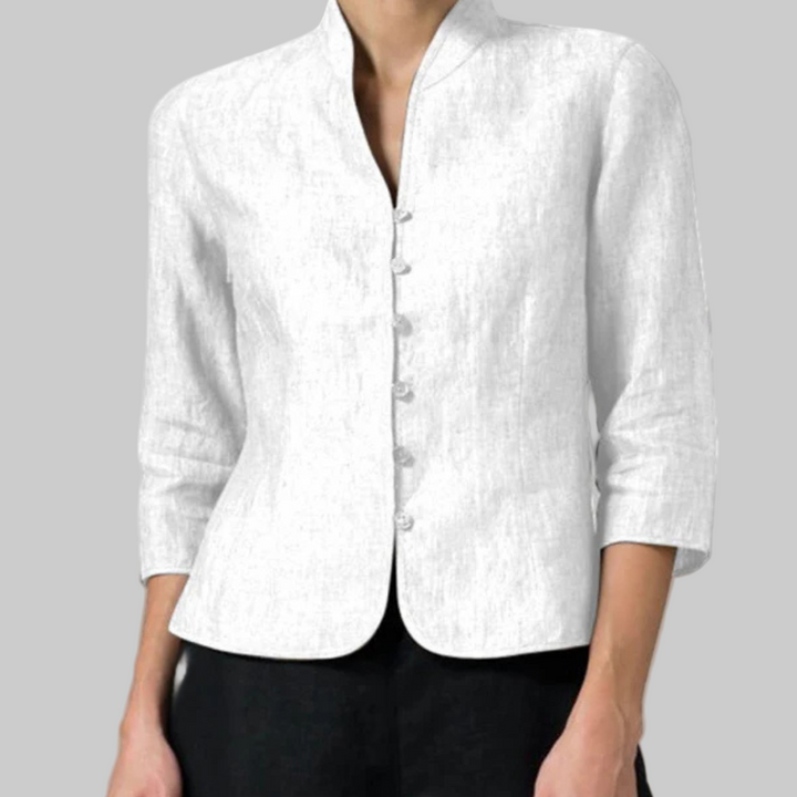 Elegant women's fashion blouse. Stand collar & three-quarter sleeves create a chic, comfortable professional or casual look.