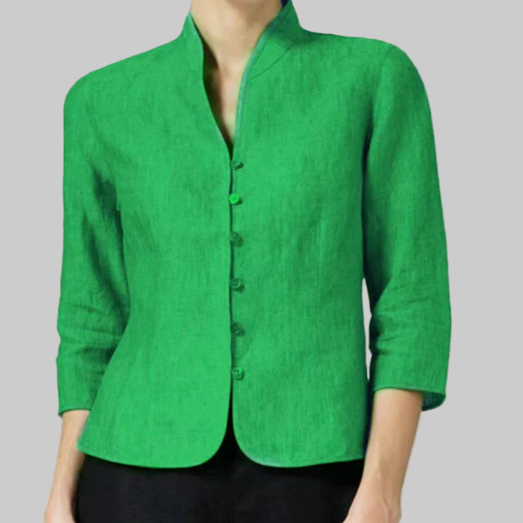 Women's sophisticated stand collar blouse with three-quarter sleeves. Ideal professional workwear or a smart casual shirt.