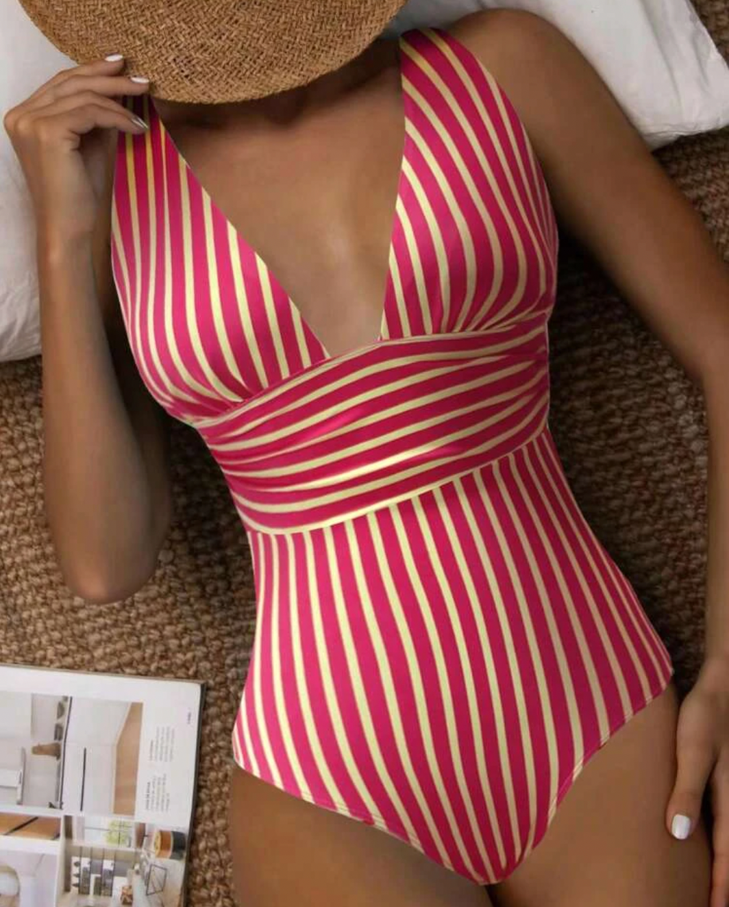 Trendy striped one-piece women's swimwear, a chic summer fashion statement for any beach or poolside event.