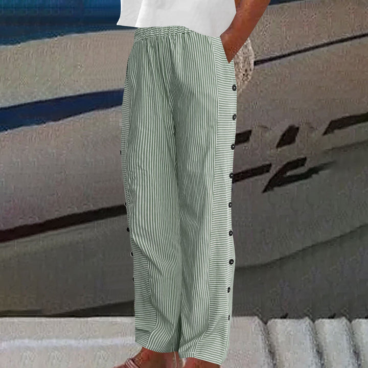 Spring fashion: Women's relaxed fit striped pants with elastic waist & button-accent for comfortable style.