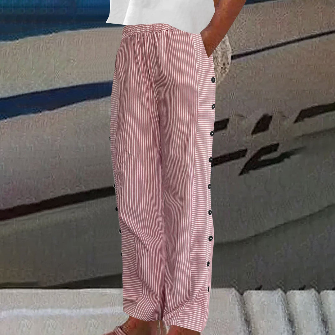 Versatile women's striped pants, relaxed fit with subtle button details, a chic & comfortable bottom for spring.