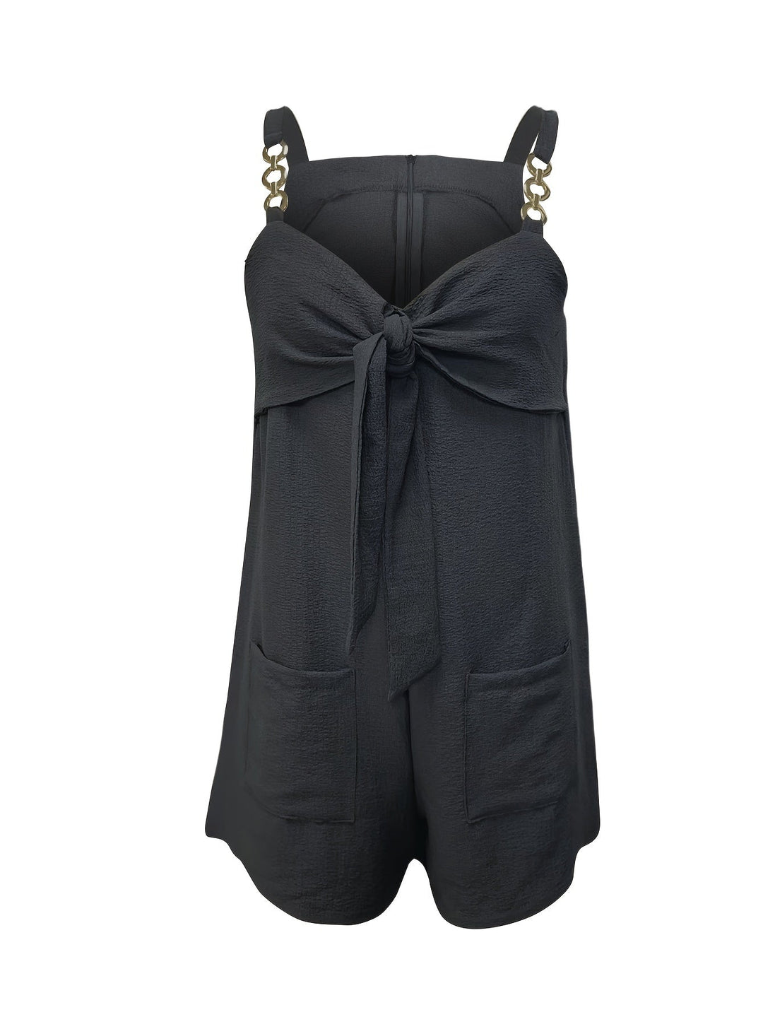 Women's fashion textured romper with a flattering sweetheart neckline, chain straps, & charming bow.