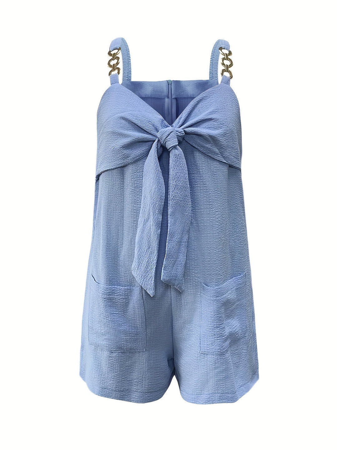 Stylish women's textured romper with chain straps & bow front, essential for your next vacation wardrobe.