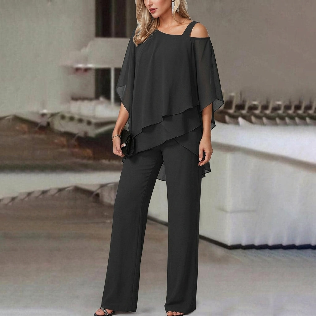 Red, white, or black women's asymmetric top & straight leg pant set. Elegant, versatile, day-to-night modern fashion.