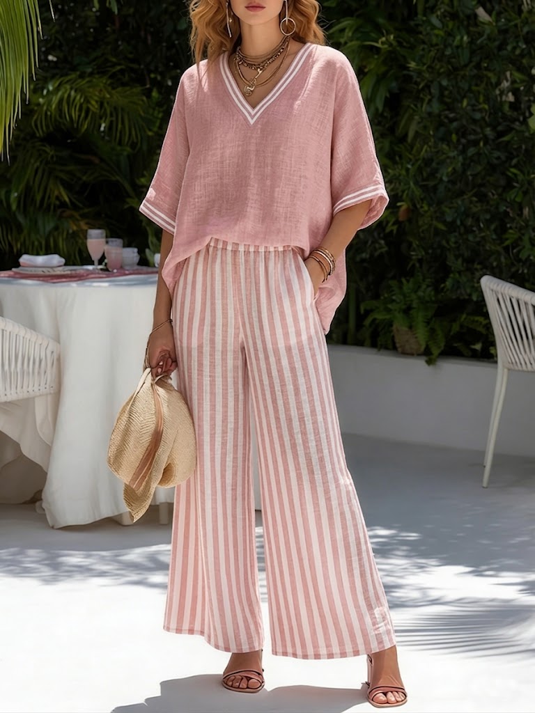 Women's chic two-piece striped shirt and wide-leg pants set, perfect for summer casual wear.