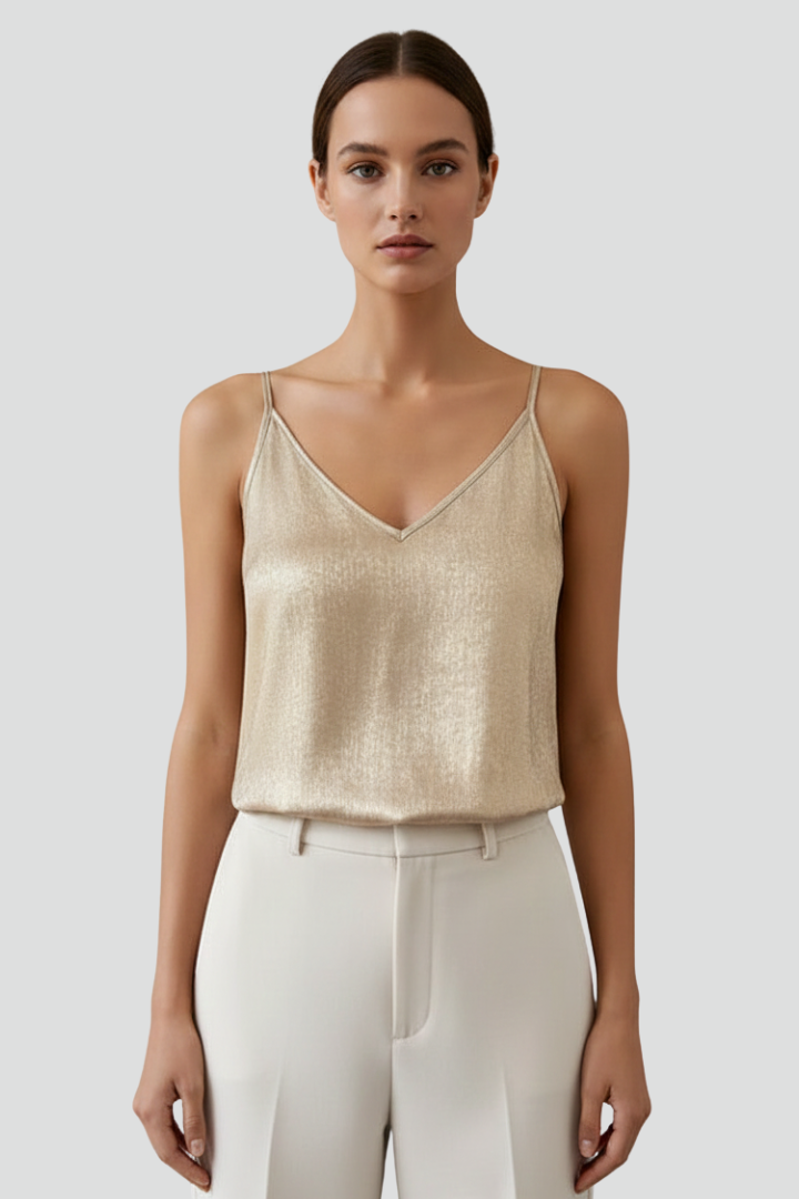 Comfortable women's V-neck cami top featuring elegant thin straps. Great for a chic summer look.