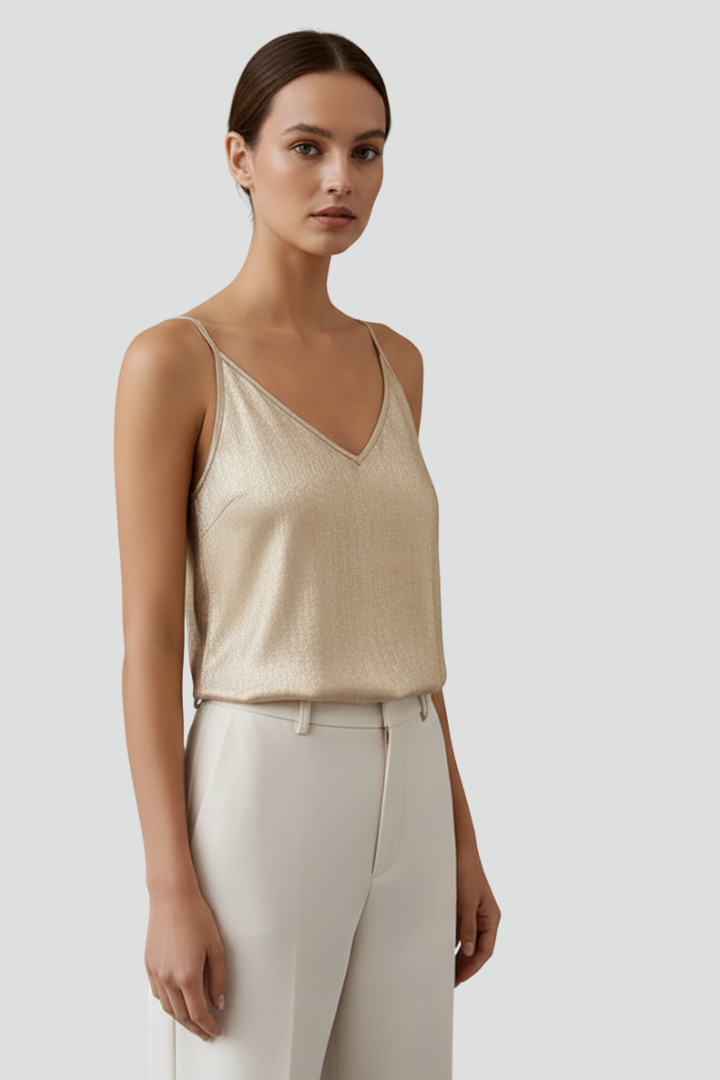 Classic women's V-neck cami with spaghetti straps. A versatile summer top for effortless chic style.