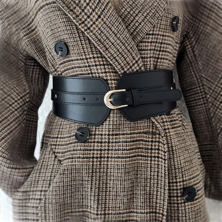 Women's chic wide PU leather waist belt for dresses & tunics, a stylish fashion accessory.