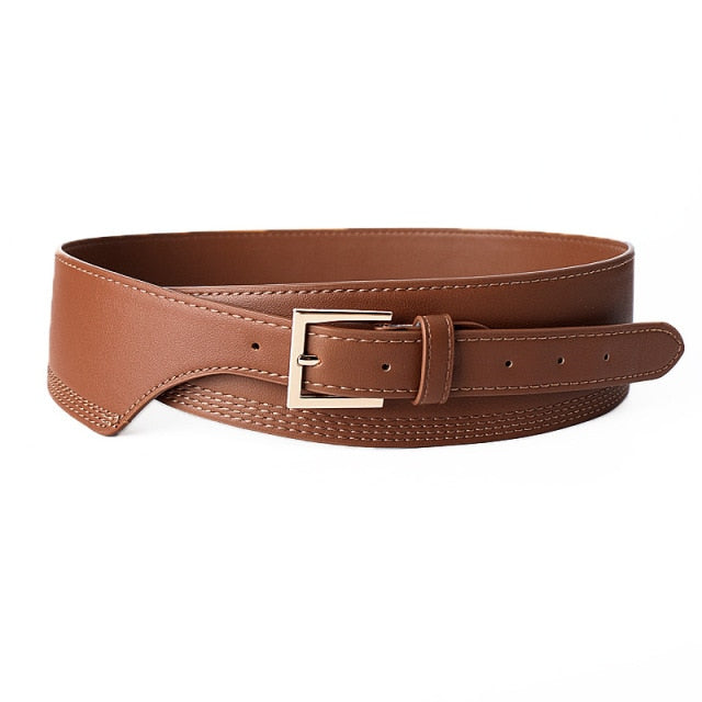 Elegant wide PU leather belt for women's dresses, a stylish and chic waist accessory.