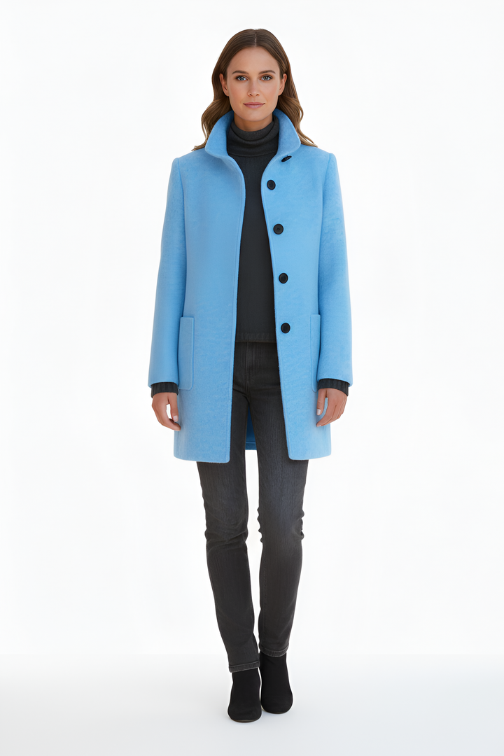 Stylish women's winter long coat. Warm, chic outerwear for elegant and versatile cold weather fashion.