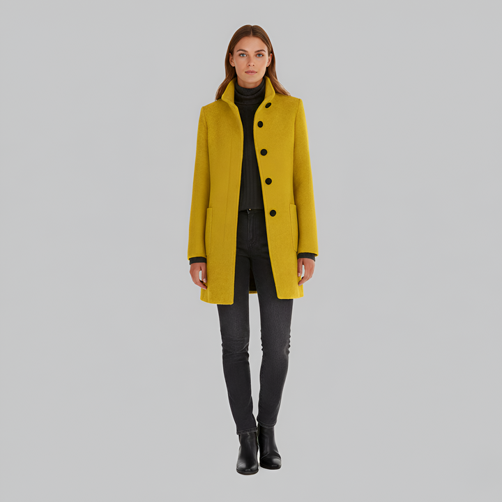 Elegant women's chic winter coat. Warm long outerwear, perfect for stylish cold weather fashion needs.