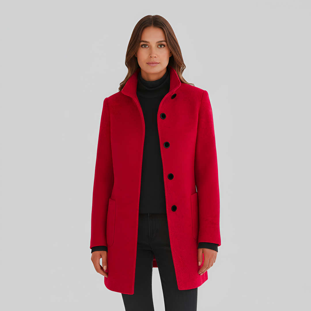 Fashionable women's winter coat. Elegant long outerwear, warm & chic for stylish cold weather.