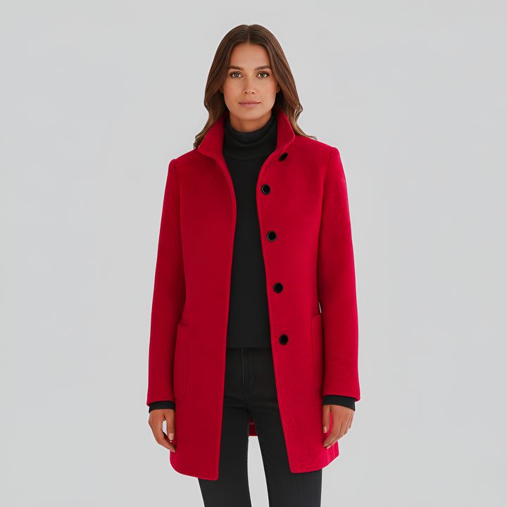 Fashionable women's winter coat. Elegant long outerwear, warm & chic for stylish cold weather.