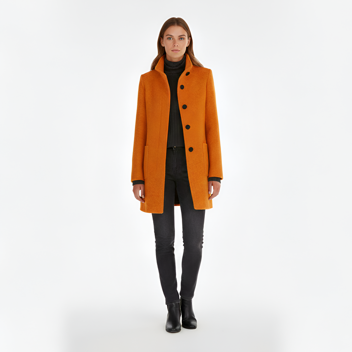 Classic women's long winter coat. Warm, chic & stylish outerwear for elegant cold weather fashion.