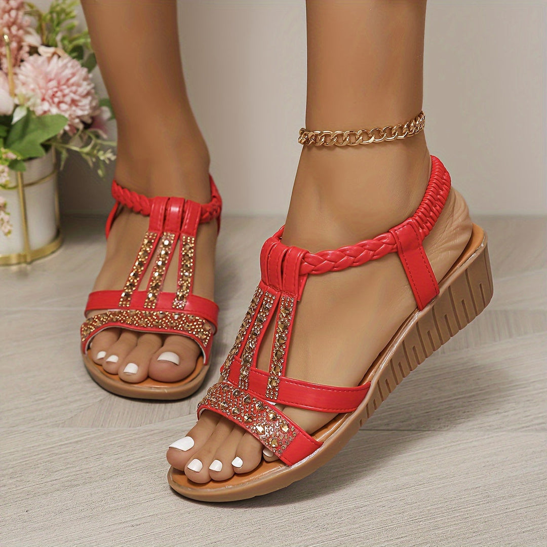 Women's chic woven sandals with dazzling rhinestone detail, perfect for summer.