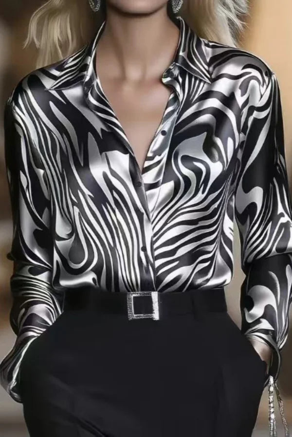 Versatile women's zebra print animal print blouse. Black & coffee button-down shirt for work or fashion.