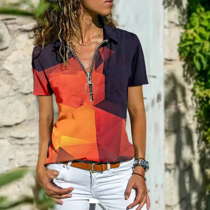 Women's chic zip neck summer top with elegant puff sleeves, perfect for casual or dressed-up occasions.