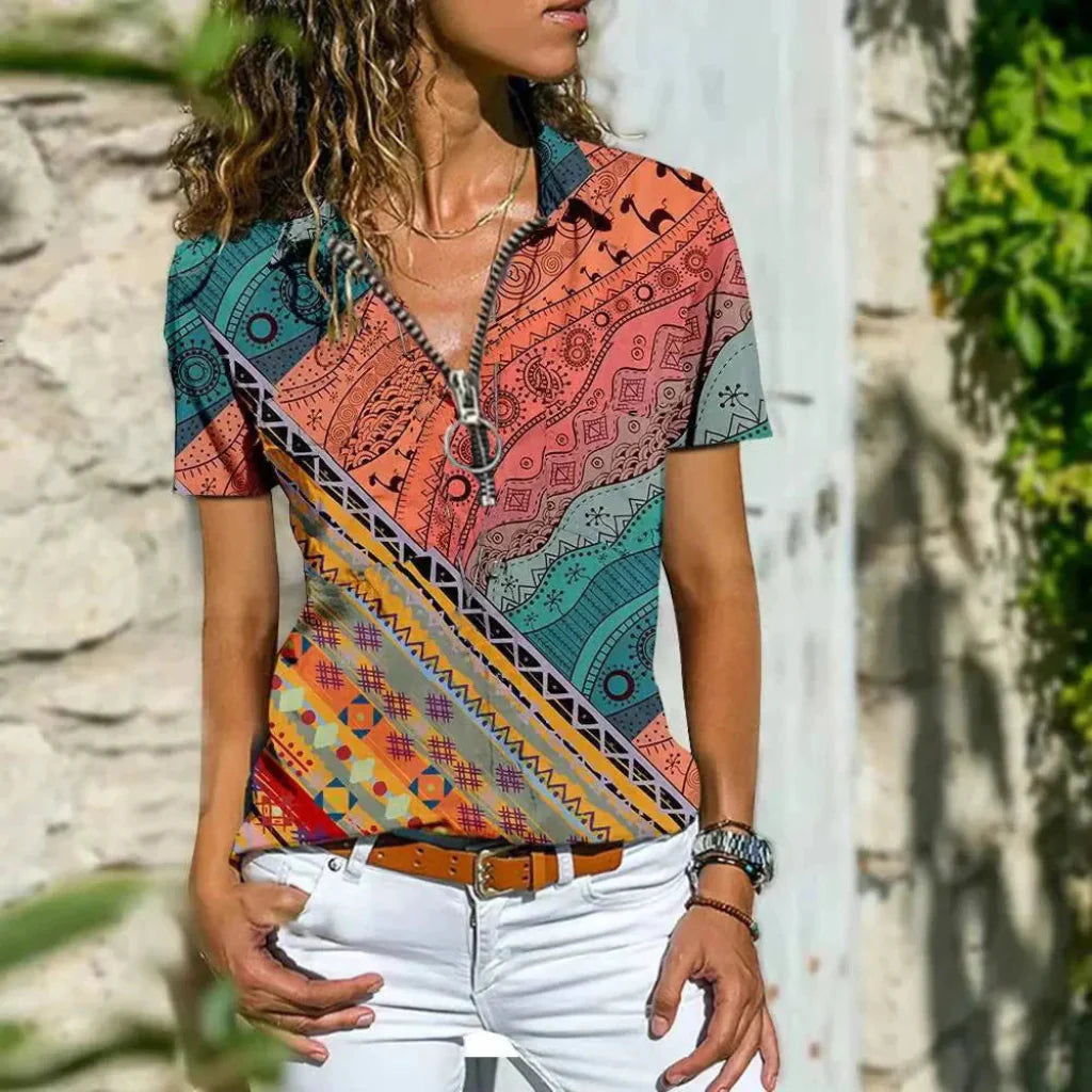Stylish women's summer blouse featuring a modern zip neck and trendy puff short sleeves, ideal for spring fashion.