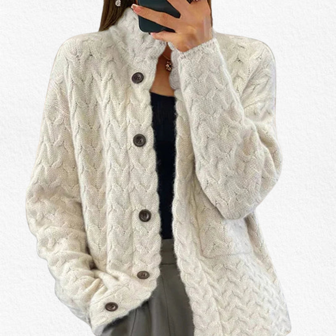 Women's chunky cable knit button cardigan. Cozy long sleeve crew neck sweater for fall & winter layering. Relaxed fit knitwear.
