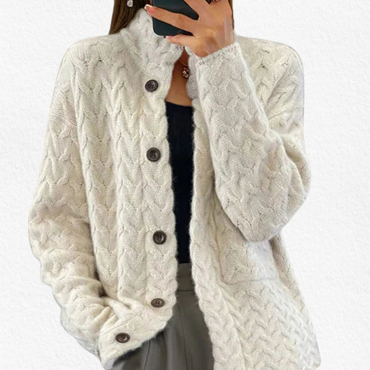 Women's chunky cable knit button cardigan. Cozy long sleeve crew neck sweater for fall & winter layering. Relaxed fit knitwear.