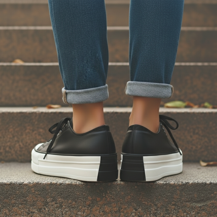 Close-up of women's comfortable platform sneakers, highlighting the chunky sole and trendy design.