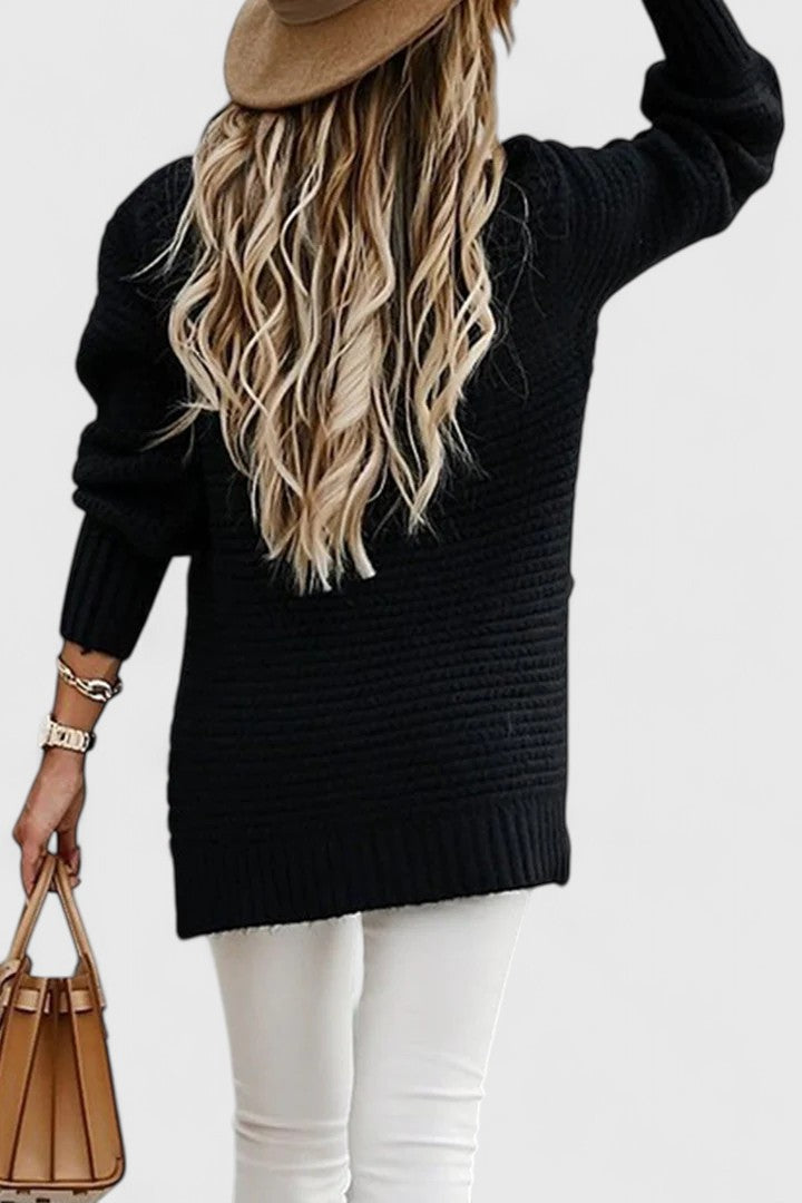 Women's chunky ribbed mock neck sweater, oversized for a cozy & stylish winter look.