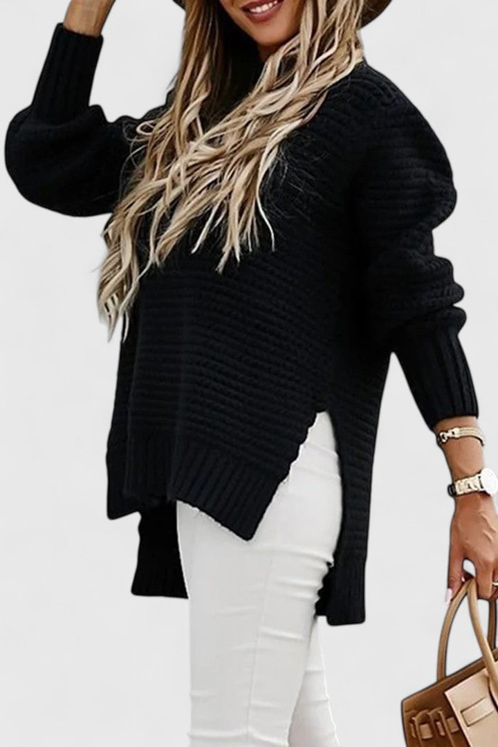 Cozy women's chunky ribbed mock neck tunic sweater, perfect for casual everyday winter wear.