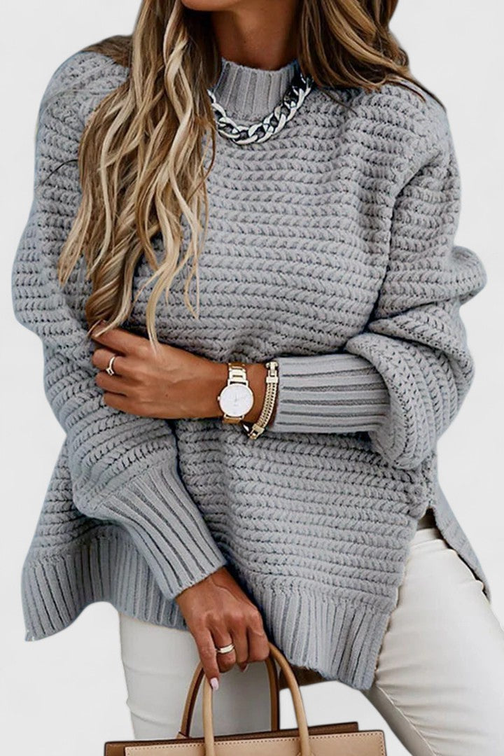 Warm women's chunky ribbed mock neck sweater, a versatile piece for winter casual outfits.