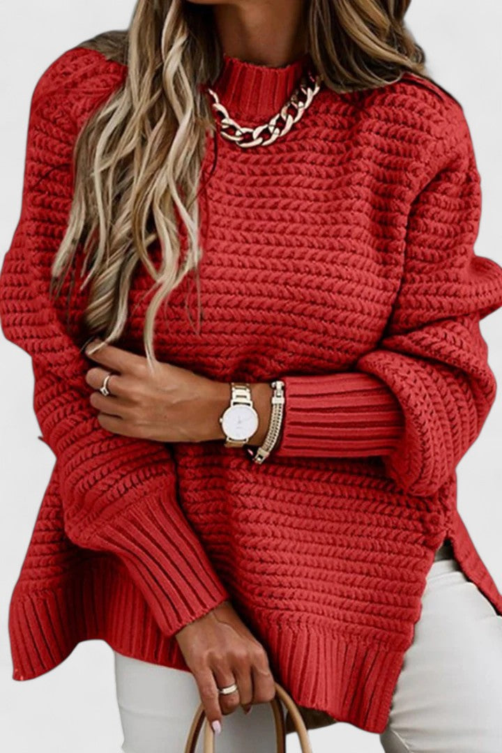 Relaxed fit women's chunky ribbed mock neck sweater, designed for ultimate coziness and style.