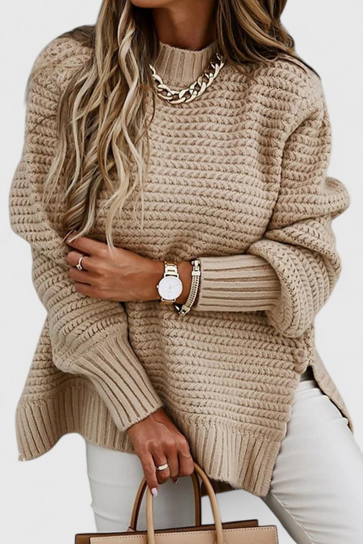 Women's chunky ribbed mock neck sweater, a comfortable and fashionable choice for cold weather.
