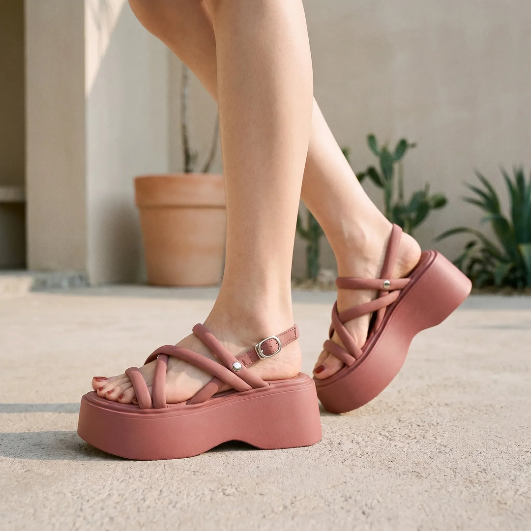 Women's chunky wedge platform sandals with open toe & adjustable strap for elevated summer style.