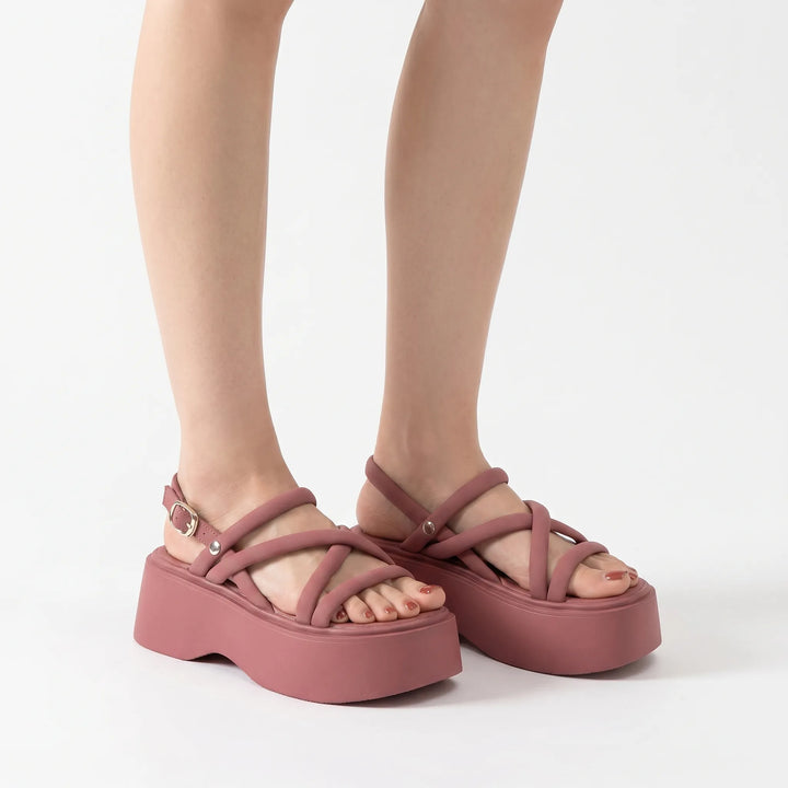 Open toe women's chunky wedge sandals with secure adjustable ankle strap, ideal for summer fashion.