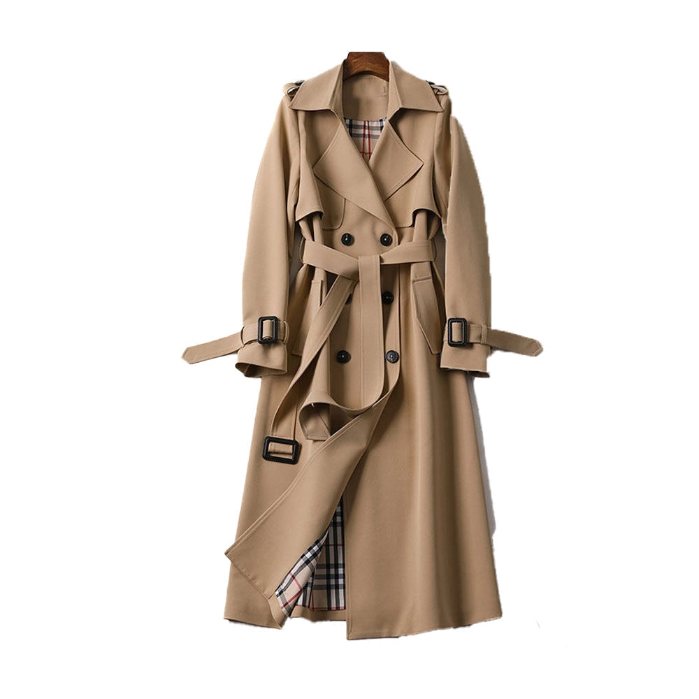 Women's classic beige double-breasted trench coat for timeless style, elegant outerwear.