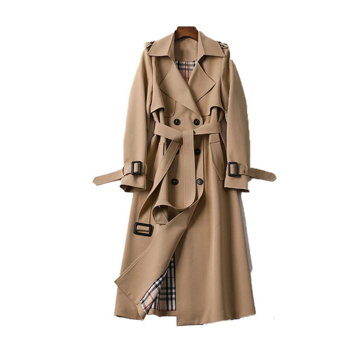 Women's classic beige double-breasted trench coat for timeless style, elegant outerwear.
