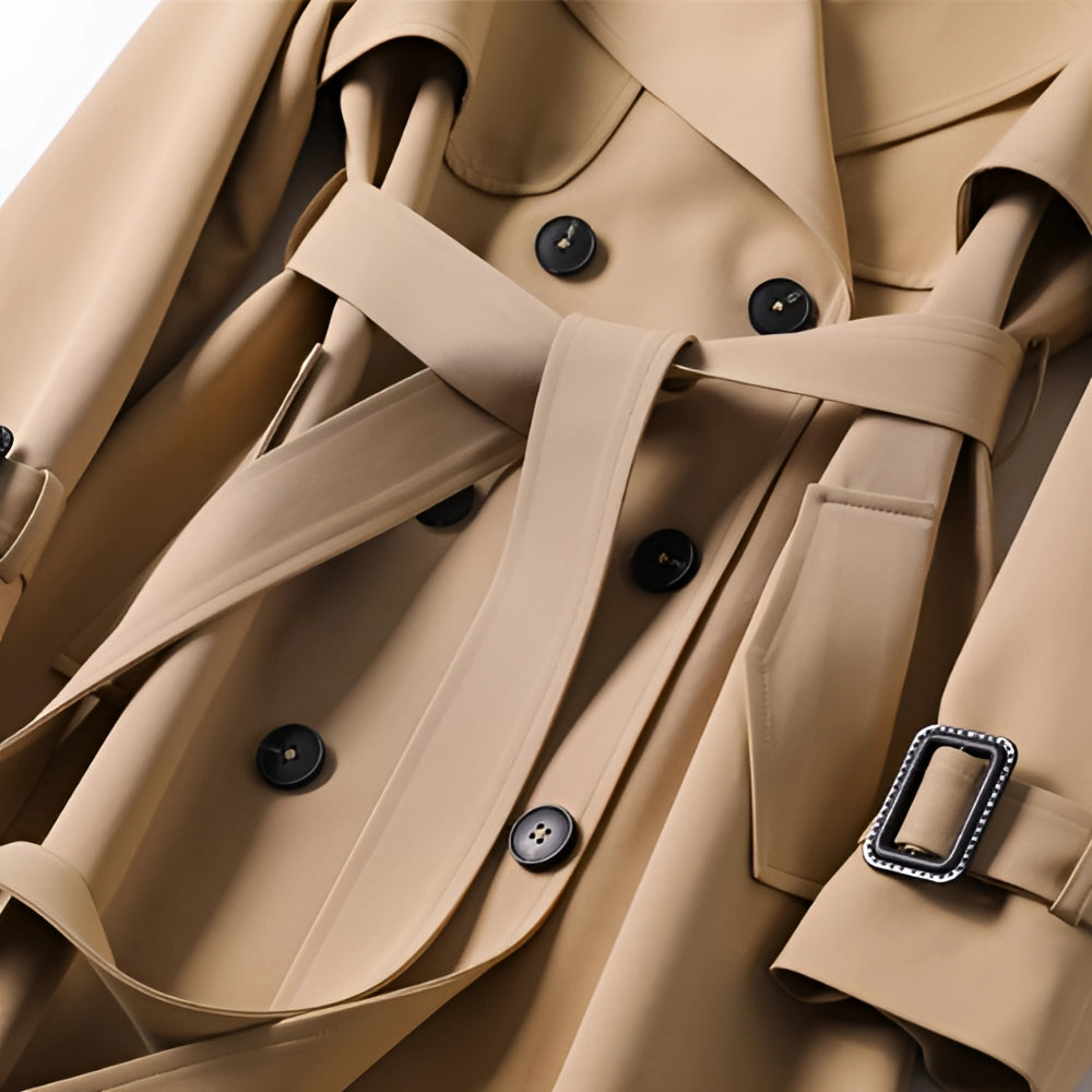 Stylish black women's long trench coat, a versatile double-breasted jacket for fashion.