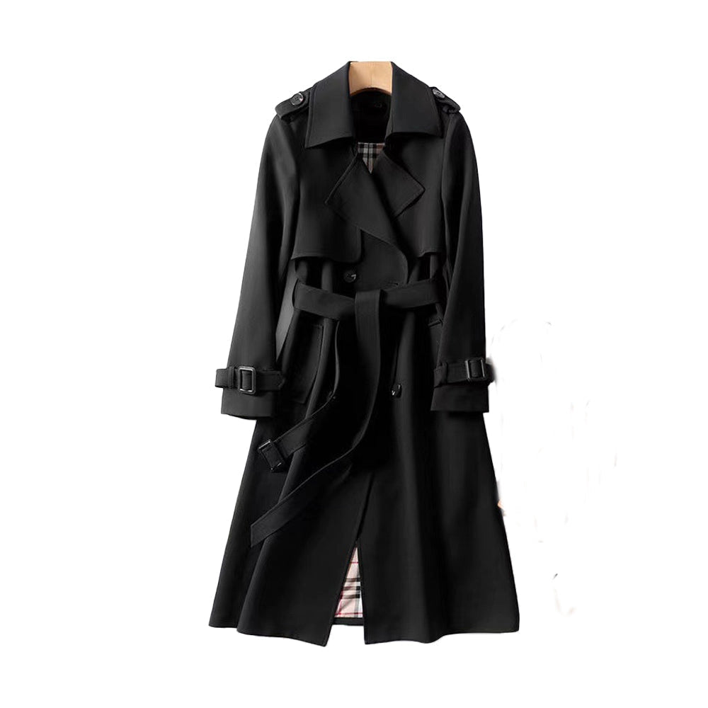 Elegant navy blue women's classic trench coat, perfect double-breasted outerwear for style.