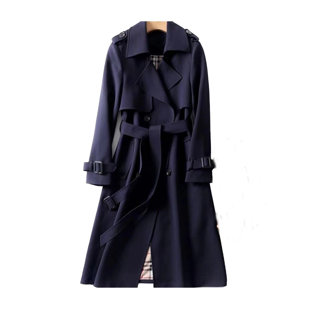 Green women's double-breasted trench coat, a long versatile jacket for sophisticated fashion.