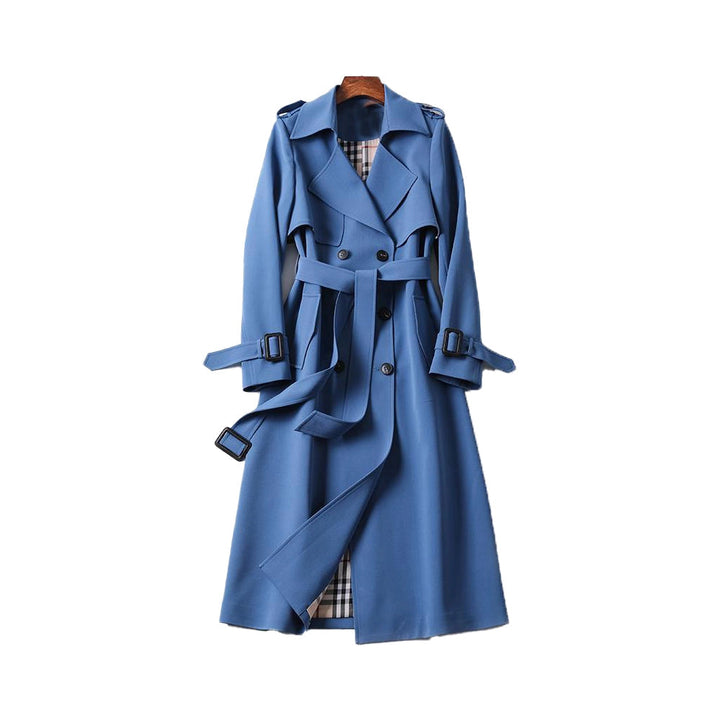 Red women's classic trench coat, stylish double-breasted long outerwear for a bold look.