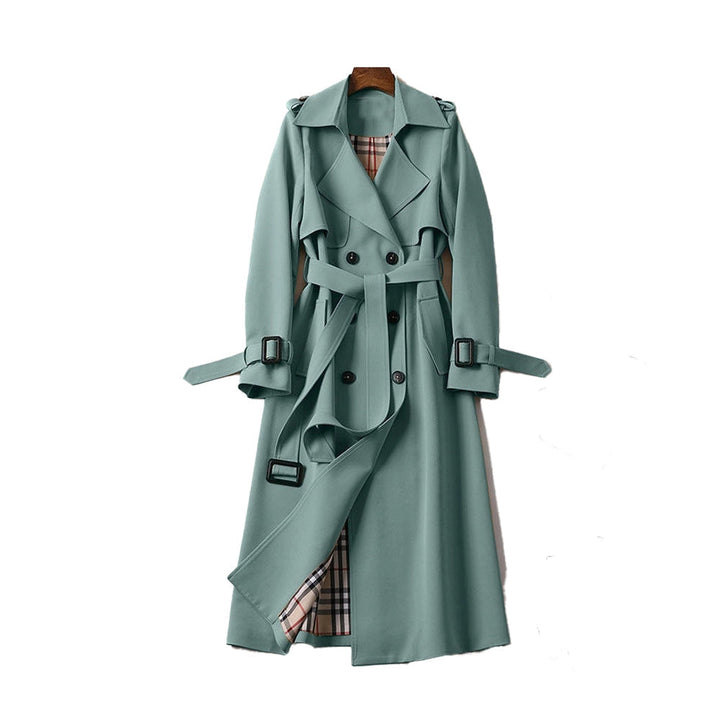 Fashionable women's beige trench coat, a versatile double-breasted long jacket.