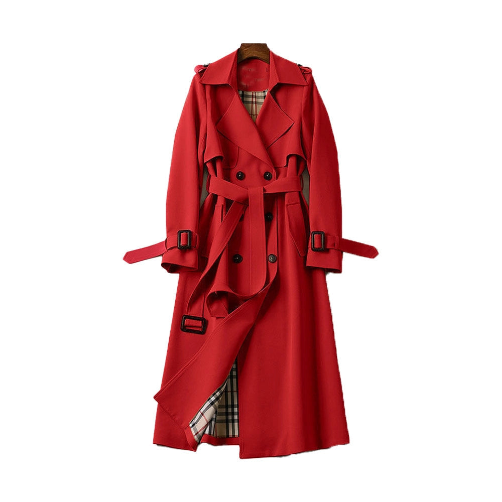 Classic double-breasted women's trench coat, elegant long outerwear for timeless style.