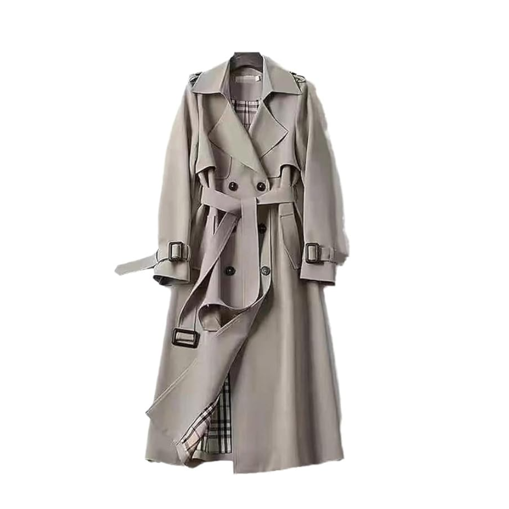 Versatile women's black trench coat, a stylish double-breasted long jacket for any occasion.