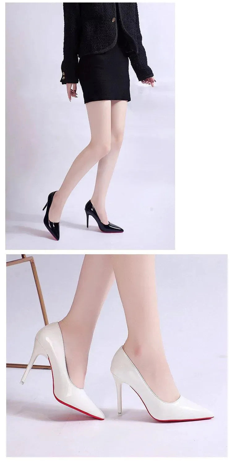 Formal black stiletto pumps, women's party shoes, elegant high heels with pointed toe design.