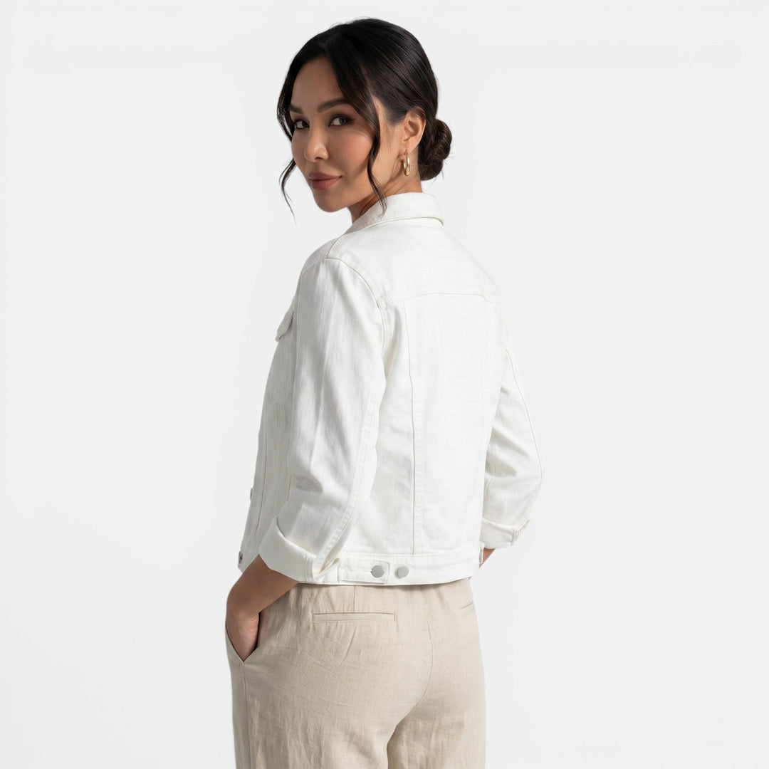 Comfortable women's fitted denim jacket with a flattering silhouette, ideal for casual outfits.