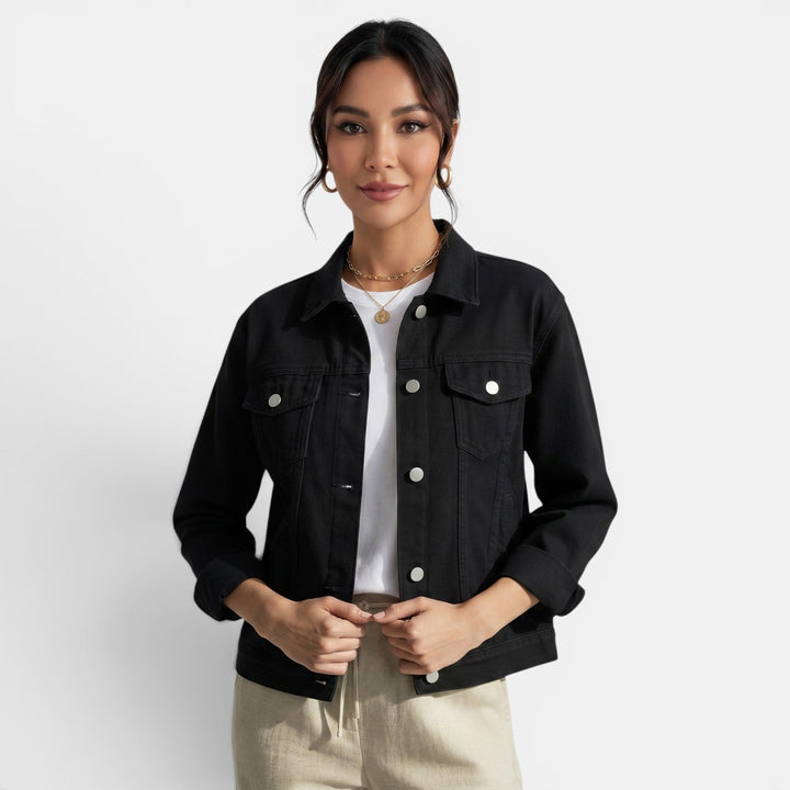Versatile women's blue denim jacket, great for urban wear, weekend comfort, and layering.