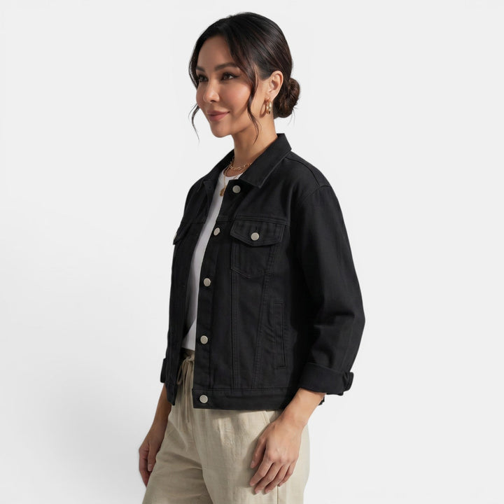 Modern women's fitted denim jacket, a stylish addition to any casual or urban fashion wardrobe.