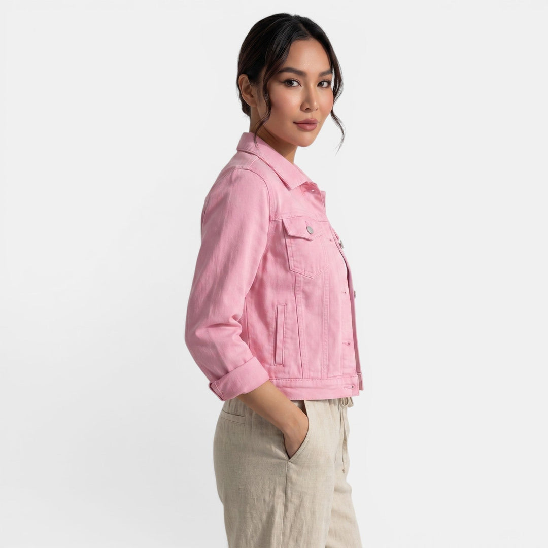Fashionable women's fitted denim jacket for a sleek urban look & comfortable weekend outings.
