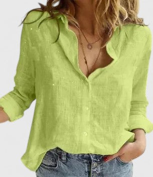 Stylish women's spring button-down top with soft lapel collar, perfect for warm weather fashion & versatility.
