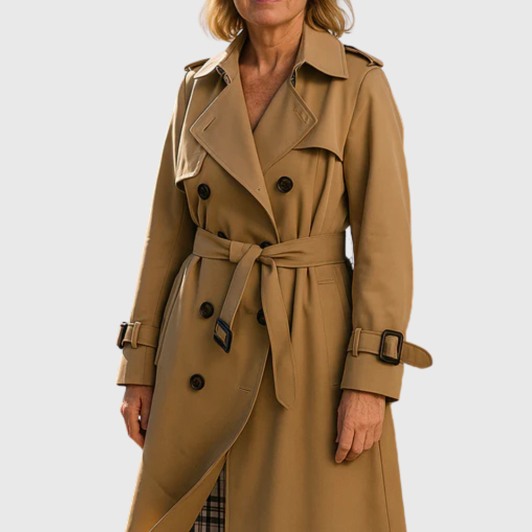 Women's classic double-breasted trench coat with belt, water-resistant for fall and spring outerwear.