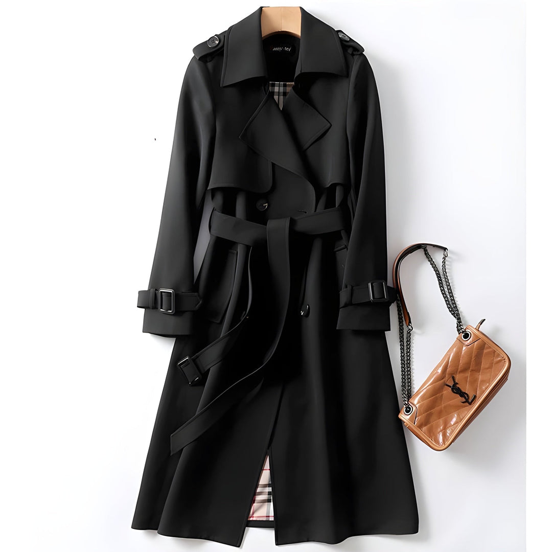 Elegant women's trench coat, perfect for fall fashion & spring, water-resistant, belted & double-breasted.